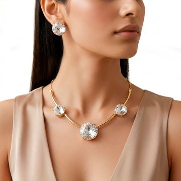 PRAO Necklace Anti-Tarnish Round Crystal Spaced Set With Earrings