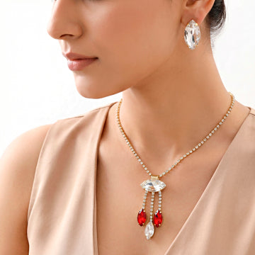 PRAO Necklace Anti-Tarnish Marquise Crystal Tassel Set With Earrings