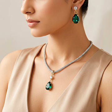 PRAO Necklace Anti-Tarnish Drop-Shaped Crystal Pendant Set With Earrings