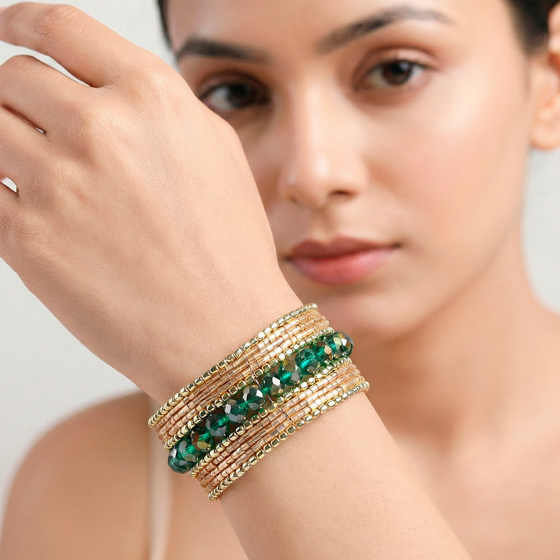 PRAO Bracelet Anti-Tarnish Bugle and Bead Broad Flexible Cuff