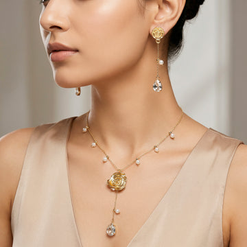 PRAO Necklace Anti-Tarnish Rose Pendant & Crystal Set With Earrings