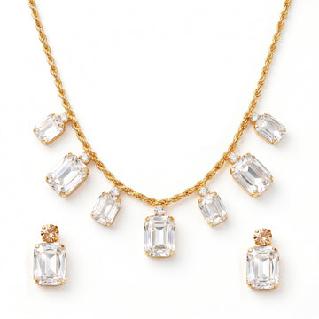 PRAO Necklace Anti-Tarnish Rectangle Crystals Statement Set With Earrings