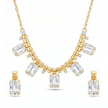 PRAO Necklace Anti-Tarnish Rectangle Crystal Charms Set With Earrings