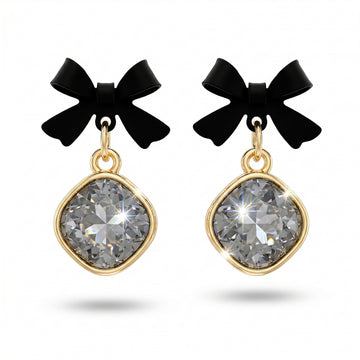 PRAO Earrings Anti-Tarnish Black Bow Crystal Mini Dangles