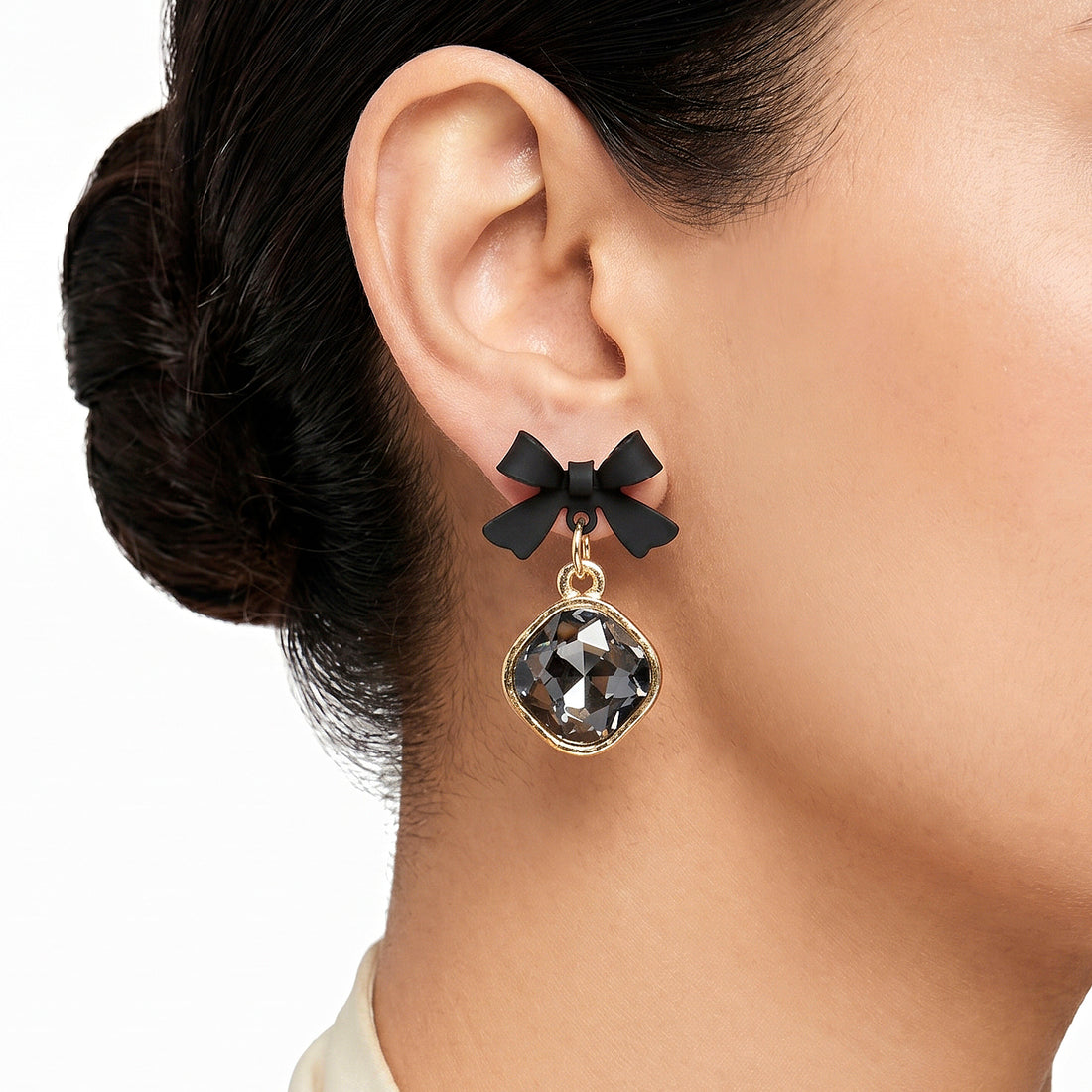 PRAO Earrings Anti-Tarnish Black Bow Crystal Mini Dangles