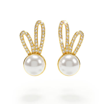 PRAO Earrings Anti-Tarnish Bunny Ear Crystal Pearl Studs