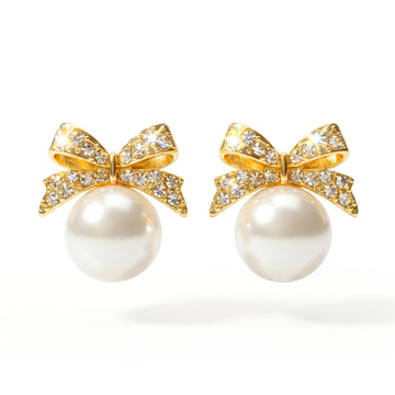 PRAO Earrings Anti-Tarnish Crystal Bow Pearl Studs