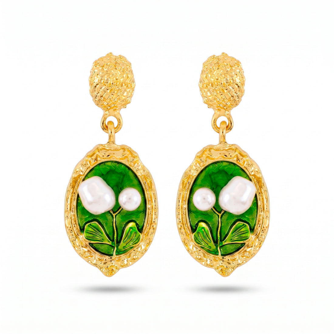 PRAO Earrings Anti-Tarnish Green Leaf Pearl Dangles