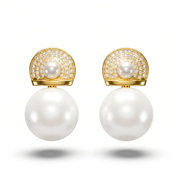 PRAO Earrings Anti-Tarnish Dual Pearl Crystal Studs