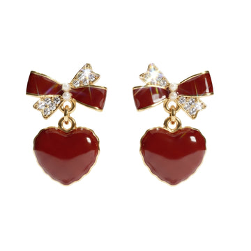 PRAO Earrings Anti-Tarnish Red Heart Bow Crystal