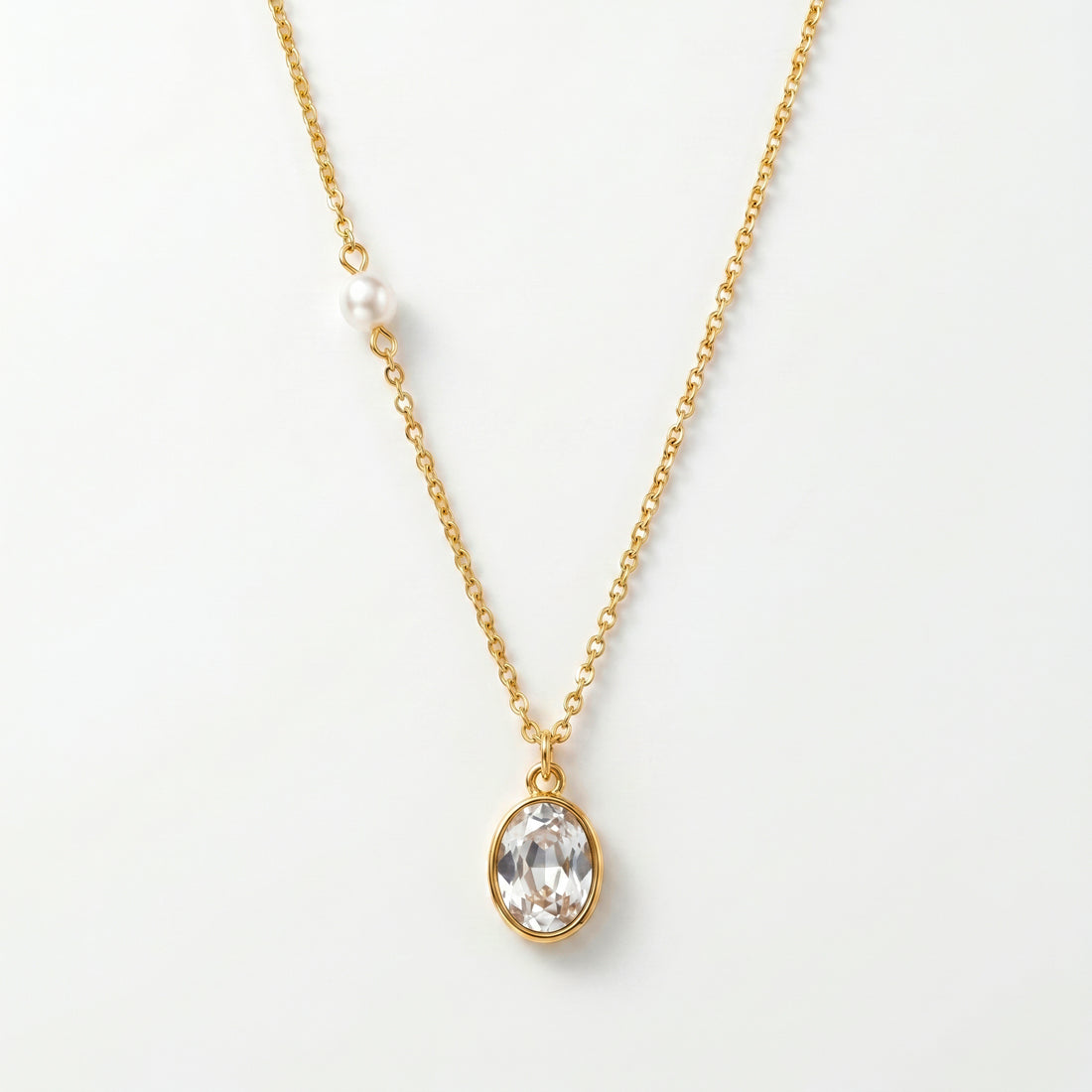 PRAO Necklace Anti-Tarnish Oval Crystal Pendant With Faux Pearl Accent