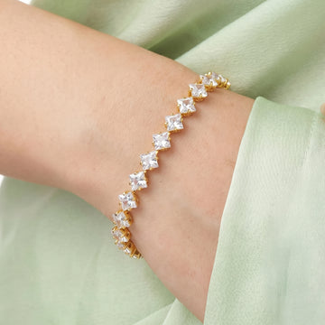 PRAO Bracelet Anti-Tarnish Princess-Cut Crystal Tennis (Adjustable Size)