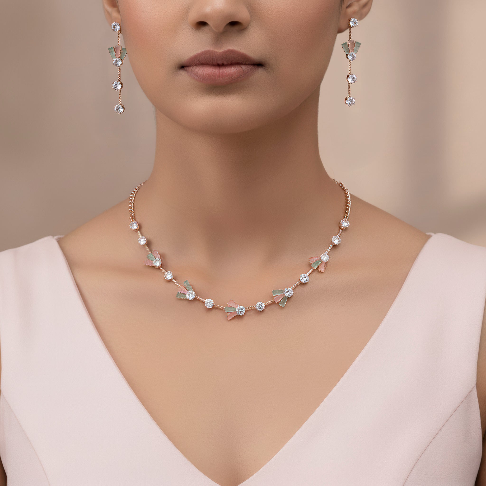 PRAO Anti-Tarnish Baguettes & Round Crystals Spacer Necklace Set With Earrings