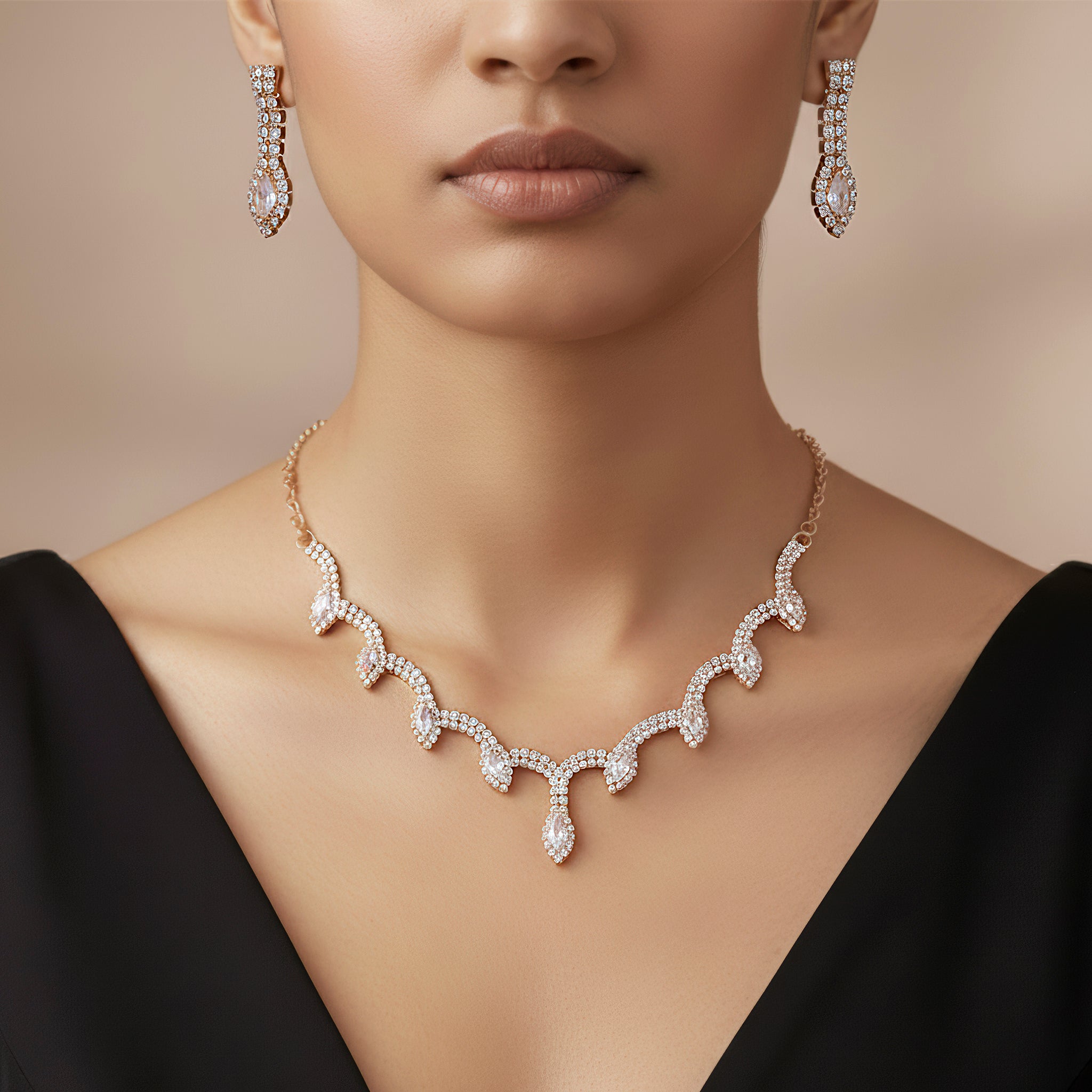 PRAO Anti-Tarnish Marquise Crystals Buntings Statement Necklace Set With Earrings