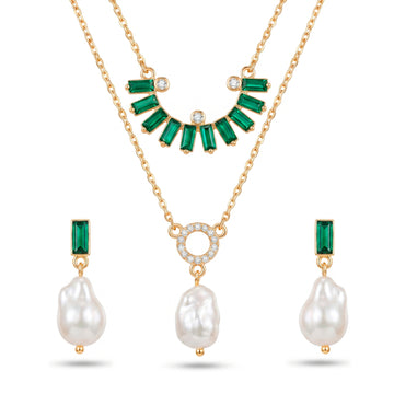 PRAO Necklace Anti-Tarnish Layered Crystal & Pearl Set With Earrings