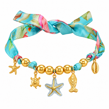 PRAO Scarf Necklace Light Blue Satin Starfish Sea Turtle Fish