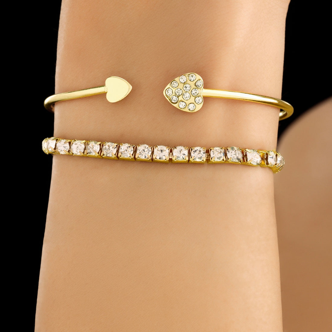 Anti-Tarnish Rhinestone Stretch Bracelet & Heart Charm Bangle By PRAO