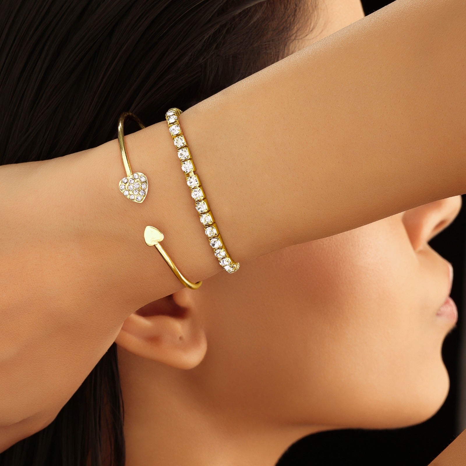 PRAO Anti-Tarnish Rhinestone Stretch Bracelet & Heart Charm Bangle✨