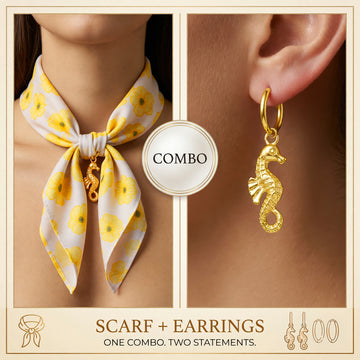 PRAO COMBO ✨ Yellow Floral Scarf Necklace With Seahorse Earrings