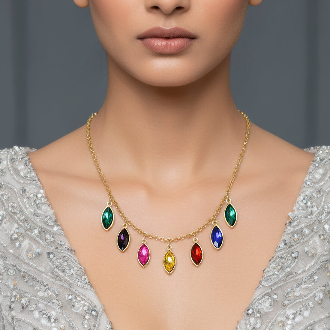 PRAO Anti-Tarnish Multicoloured Crystal Necklace Set With Earrings