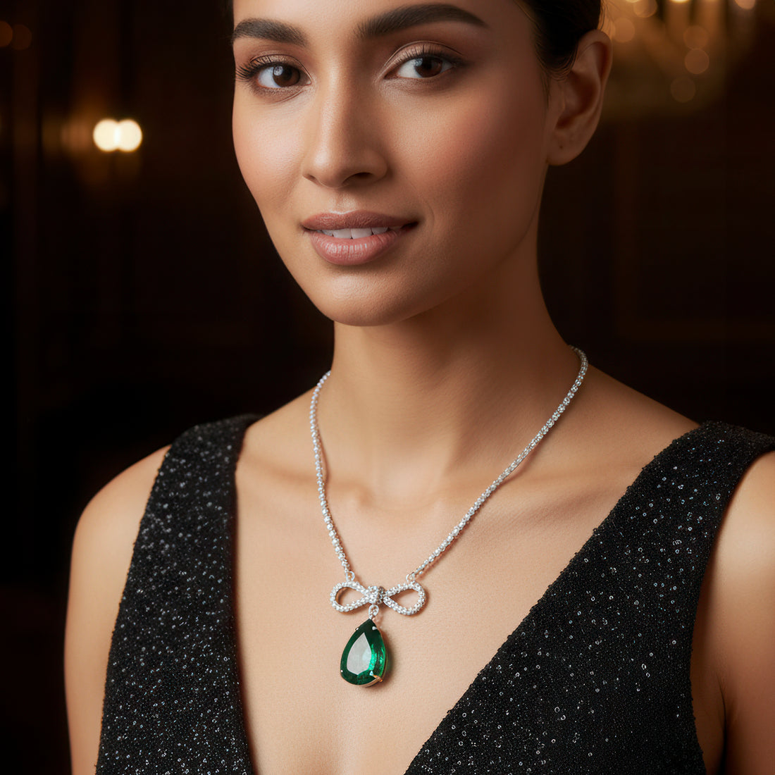 PRAO Anti-Tarnish Crystal Studded INFINITY Emerald Green Pendant Necklace