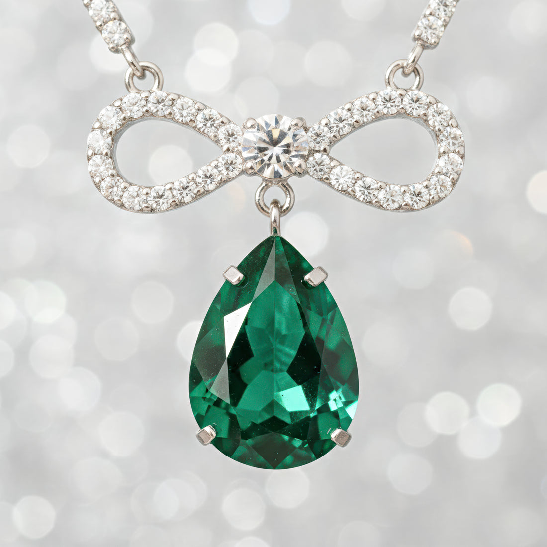 PRAO Anti-Tarnish Crystal Studded INFINITY Emerald Green Pendant Necklace