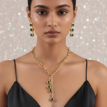 PRAO Anti-Tarnish High Fashion Emerald Crystal Necklace Set With Earrings