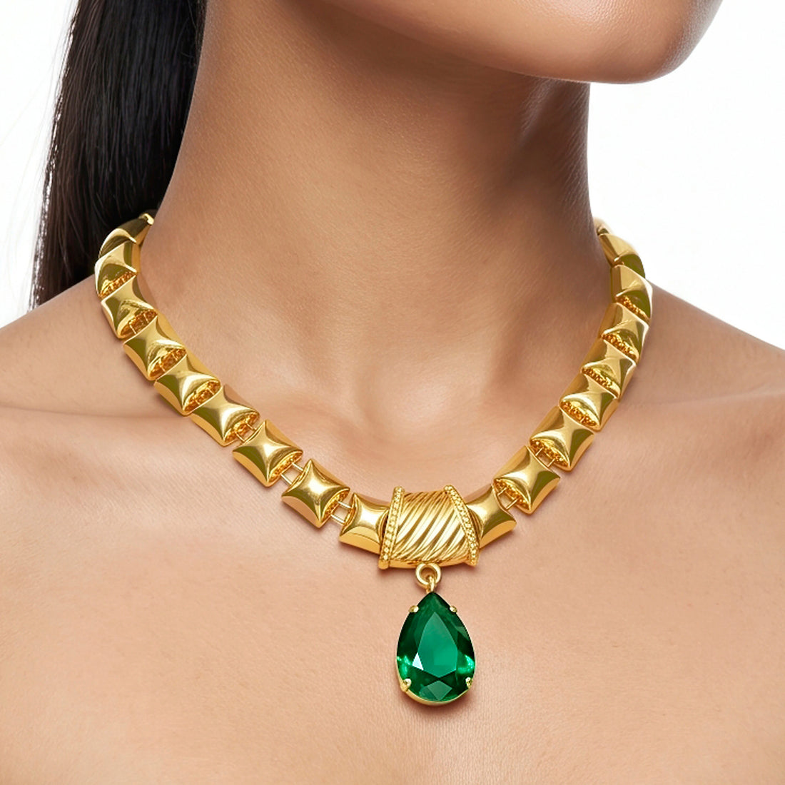 PRAO Necklace Anti-Tarnish Gold Plated Emerald Drop