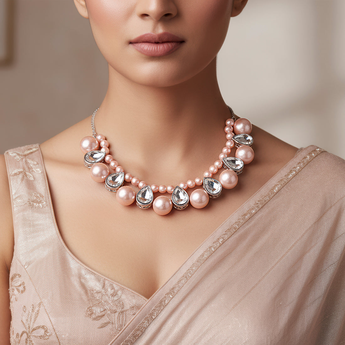 PRAO Rose Pink Pearl & Crystal Statement Necklace