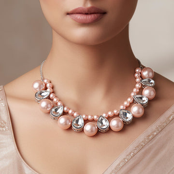 PRAO Necklace Rose Pink Pearl & Crystal Statement