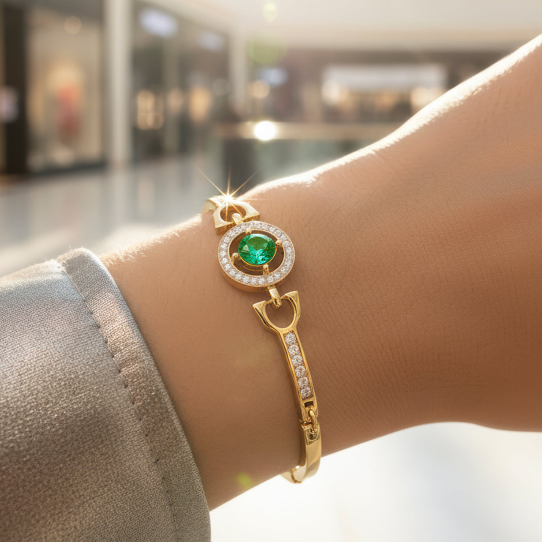 PRAO Anti-Tarnish Emerald Crystal & AD Flexi Bracelet