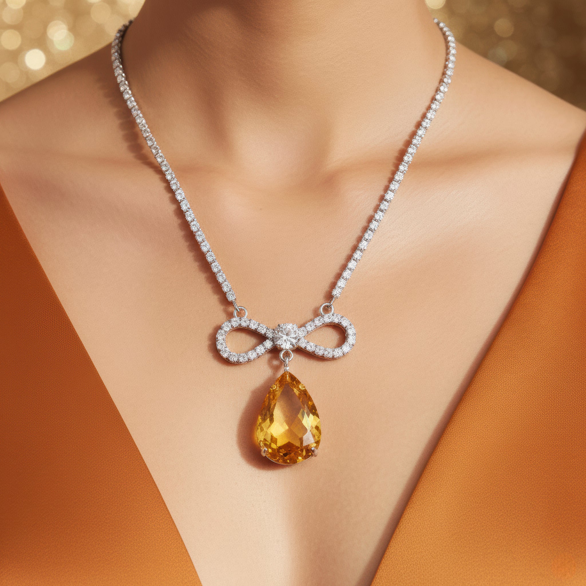 PRAO Anti-Tarnish Crystal Studded INFINITY Yellow Topaz Pendant Necklace