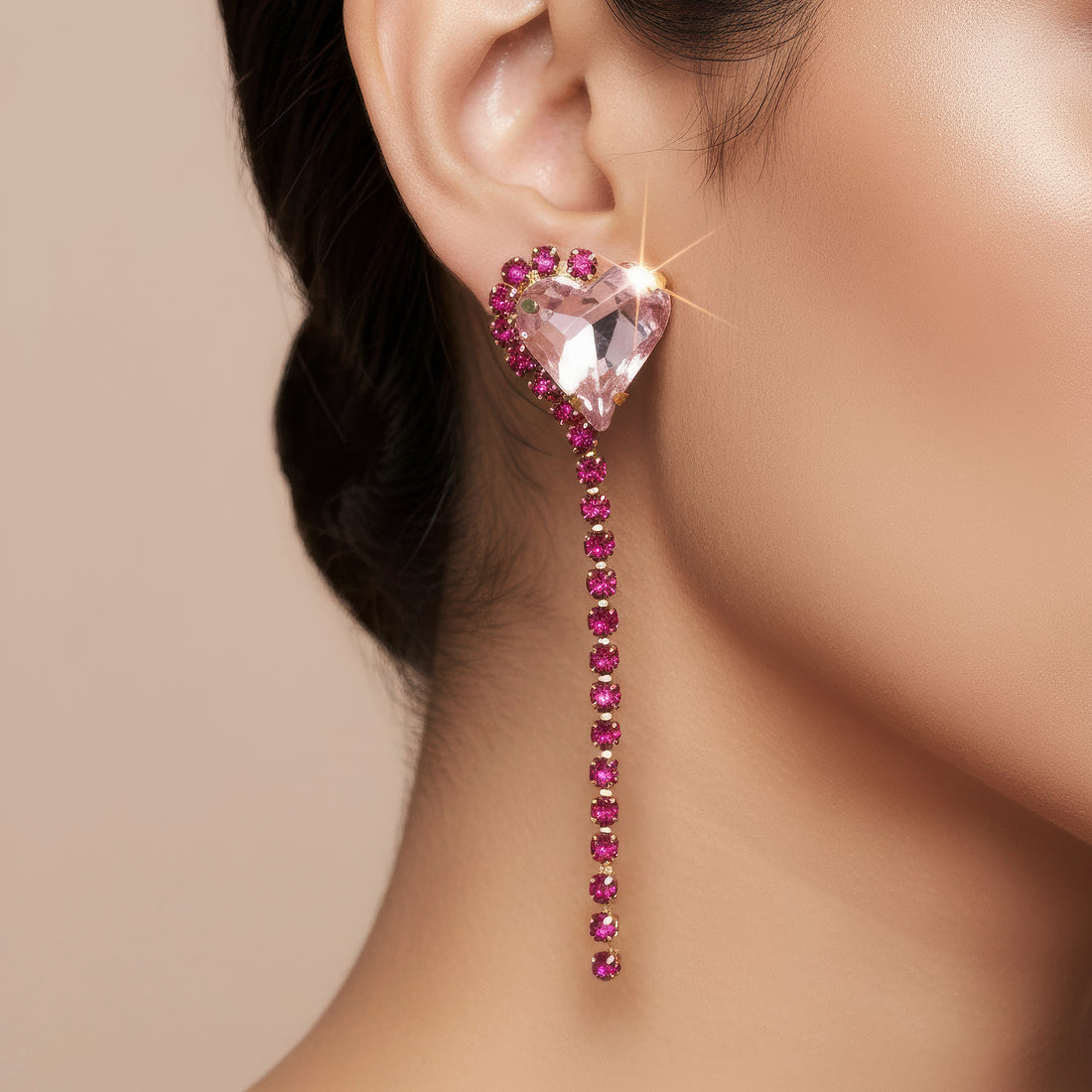 PRAO Anti-Tarnish Rhinestone Chain Earrings with Heart Crystal Dangle
