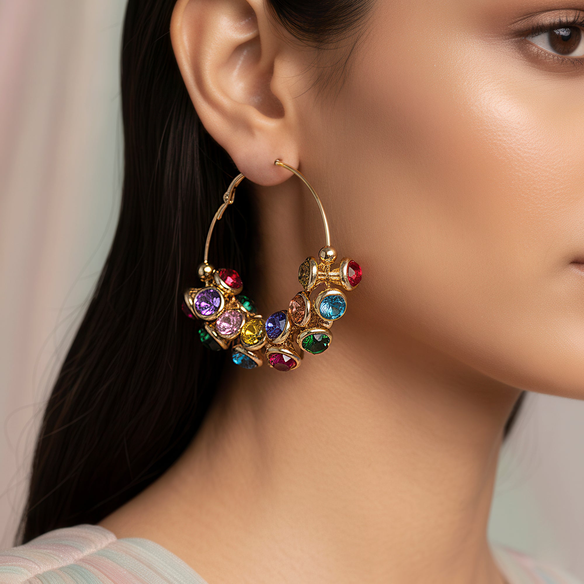 PRAO Anti-Tarnish Multi-Color CCB Studded Hoops