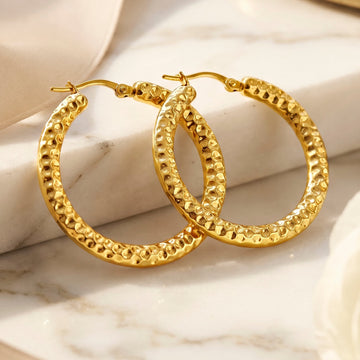 PRAO Earrings Anti-Tarnish Hammered Texture Hoops