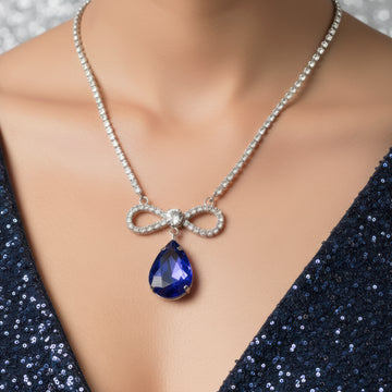 PRAO Anti-Tarnish Crystal Studded INFINITY Blue Sapphire Pendant Necklace