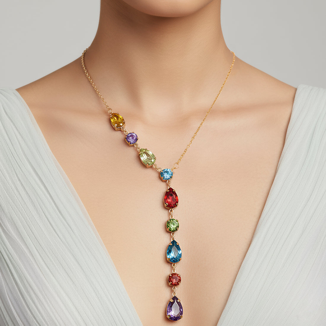 PRAO Anti-Tarnish Crystal Y Necklace Set With Earrings