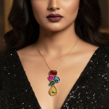 PRAO Anti-Tarnish Abstract Multi-Color Shapes Long Pendant Necklace