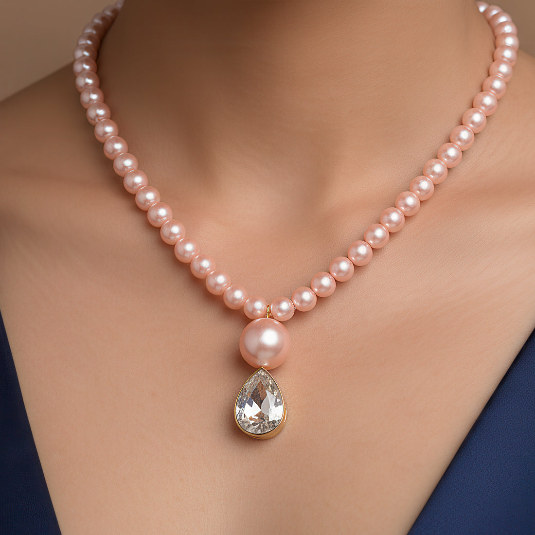 PRAO Rose Pink Pearl & Crystal Necklace Set with Earrings