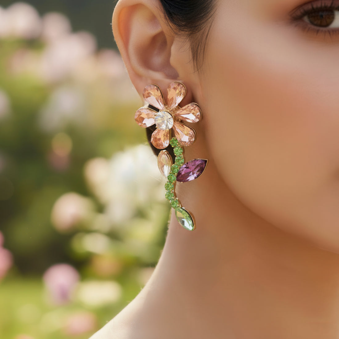 PRAO Earrings Waterproof Multicoloured Crystal Flower Danglers