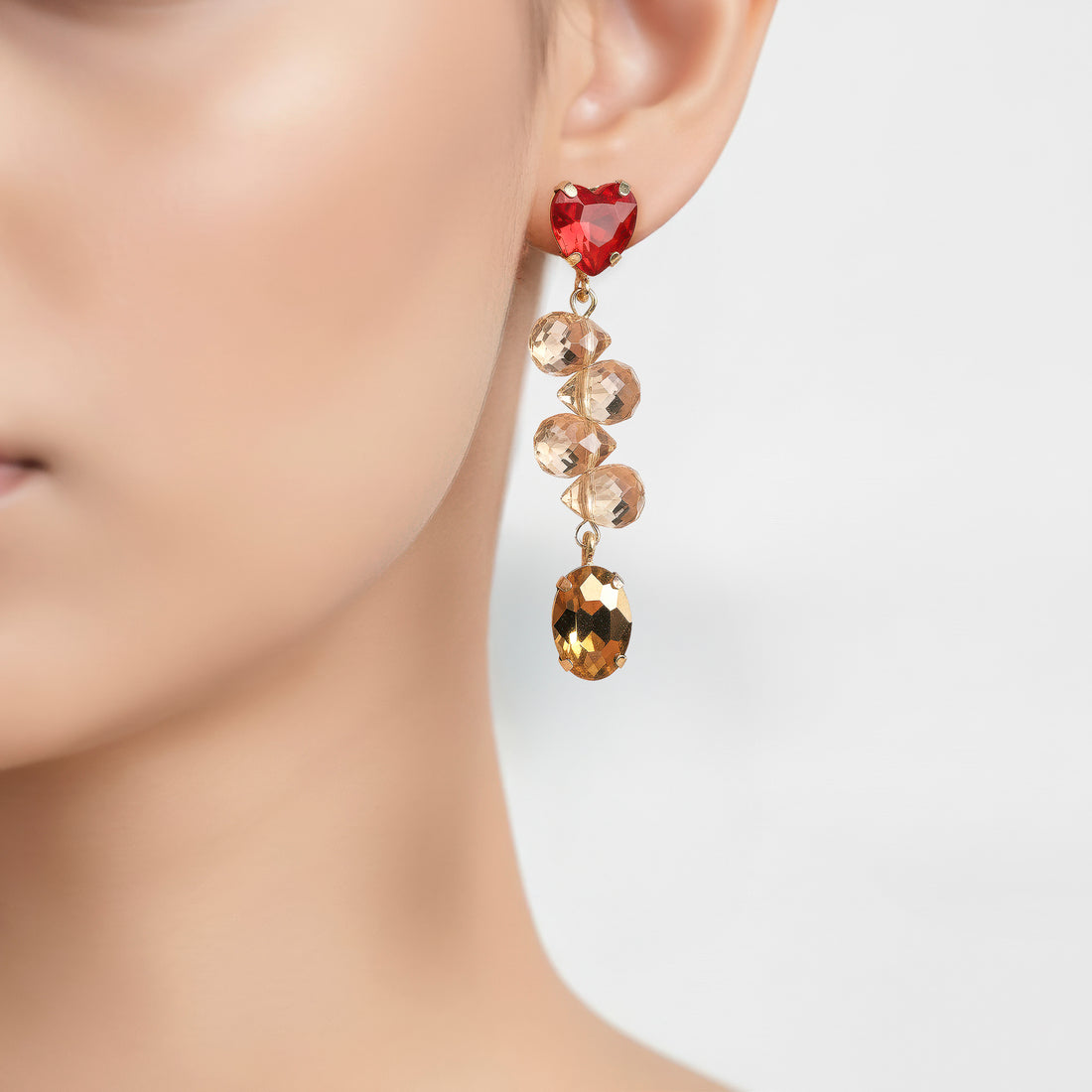 PRAO Anti-Tarnish Heart Crystal Tops with Beads & Oval Crystal Dangle