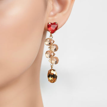 PRAO Earrings Anti-Tarnish Heart Crystal Tops with Beads & Oval Crystal Danglers