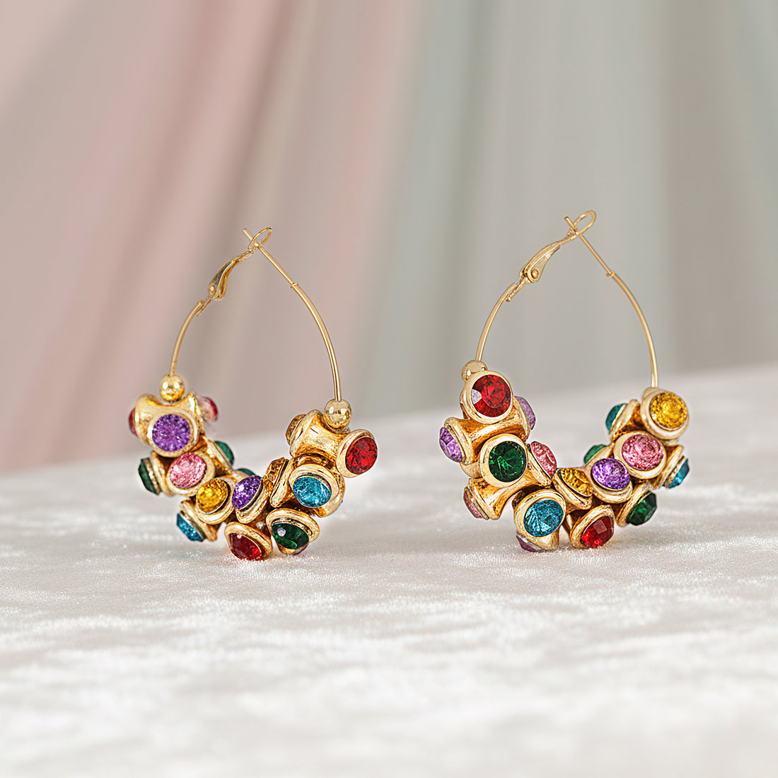 PRAO Anti-Tarnish Multi-Color CCB Studded Hoops
