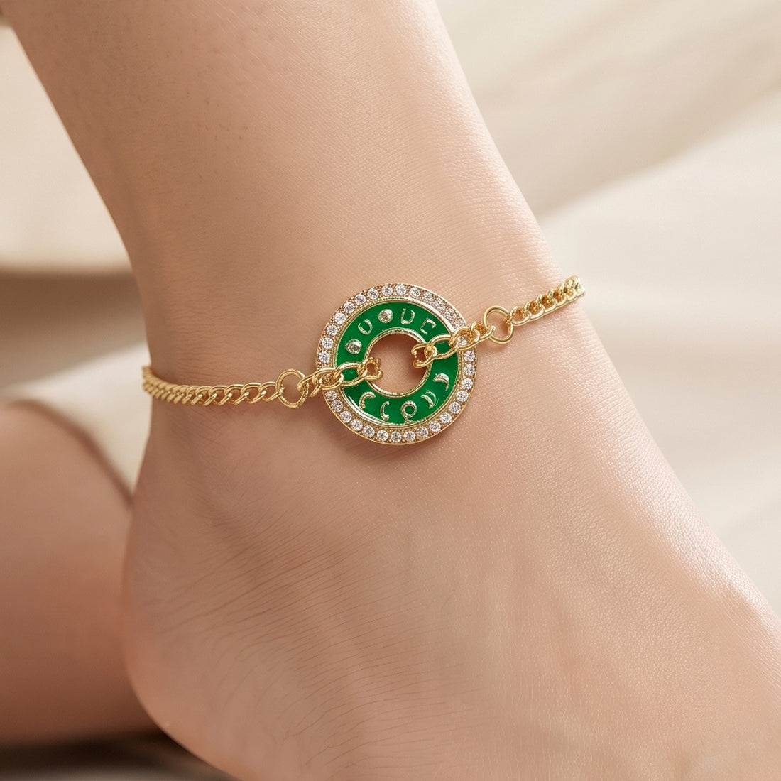 PRAO Anklet Anti-Tarnish Turquoise Medallion Crystal Chain