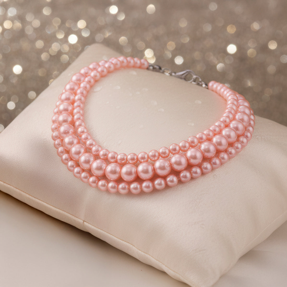 PRAO Triple Layer Rose Pink Pearl Choker Necklace