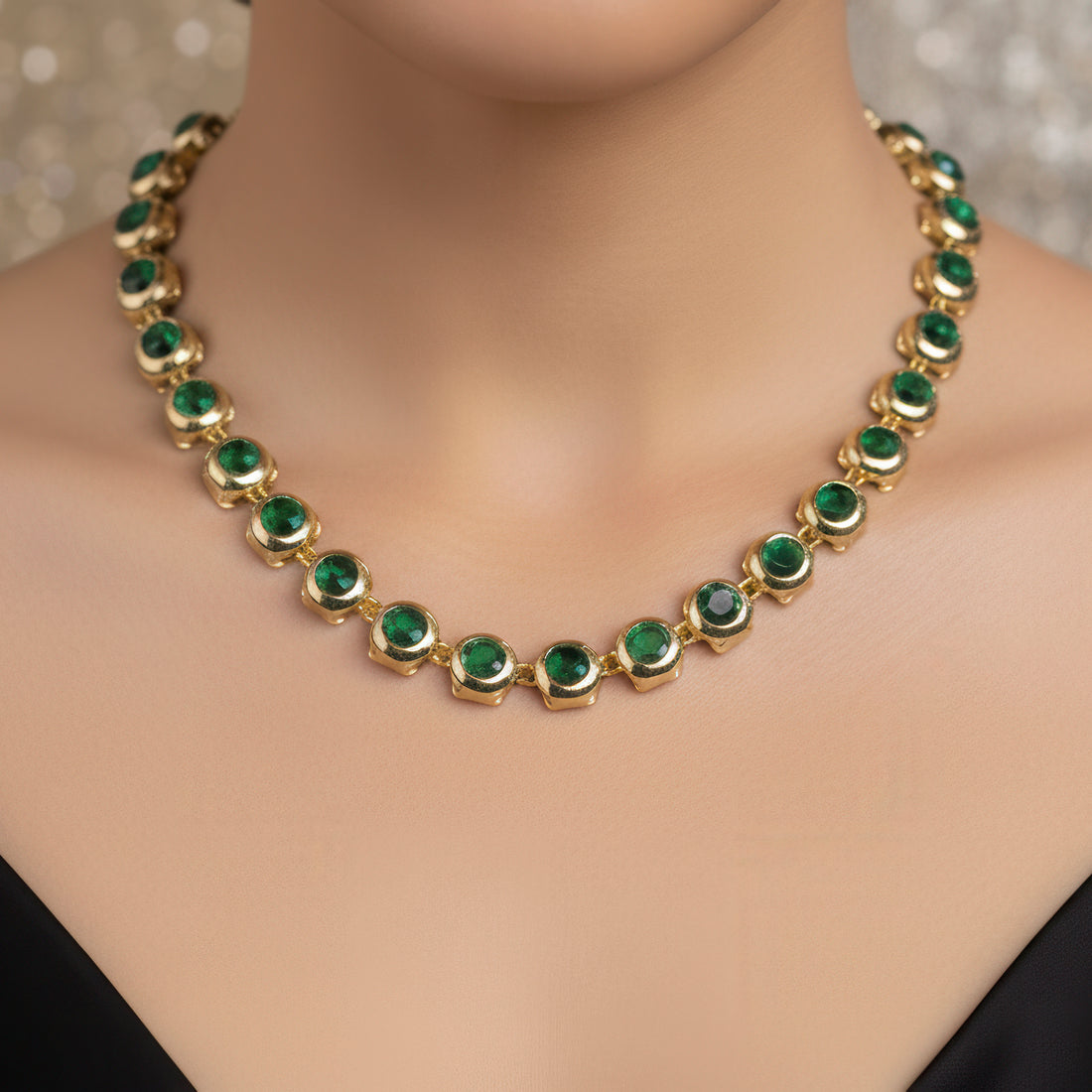 PRAO Anti-Tarnish Gold Plated Emerald Green Crystals Necklace Set With Earrings