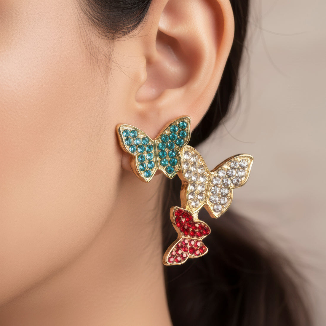 PRAO Anti-Tarnish Tri-Tone Butterfly Dangle Earrings