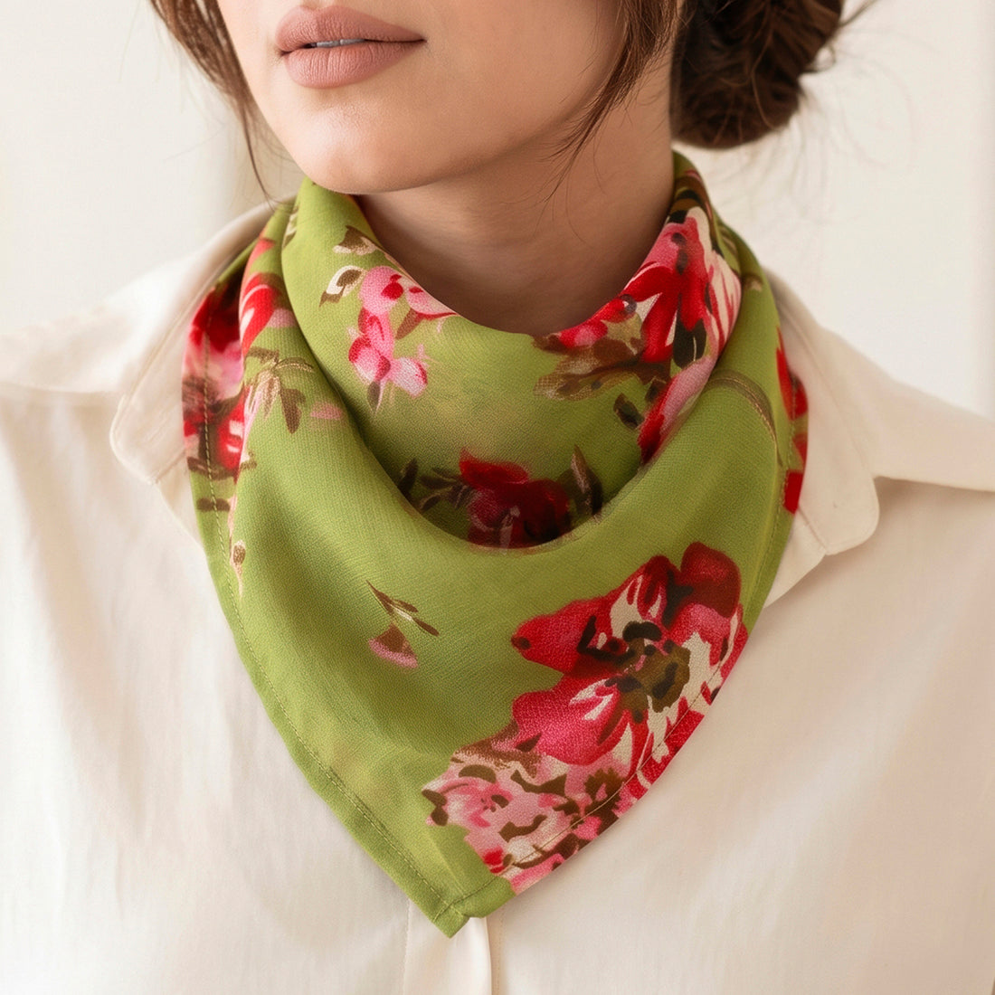 PRAO Scarf Necklace Green Floral Printed Pattern
