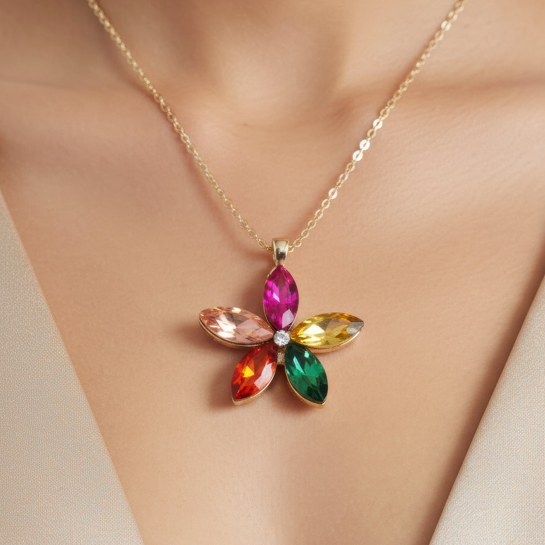 PRAO Anti-Tarnish Multicolor Crystal Flower Pendant Necklace