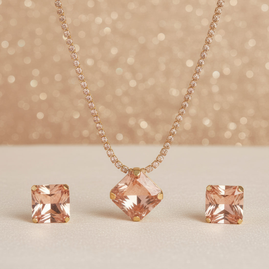 PRAO Anti-Tarnish Rhinestone Chain Pendant Necklace Set With Earrings
